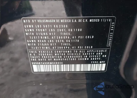 2019 Volkswagen Tiguan 2.0T S from USA, damaged, VIN 3VV0B7AX0KM046024